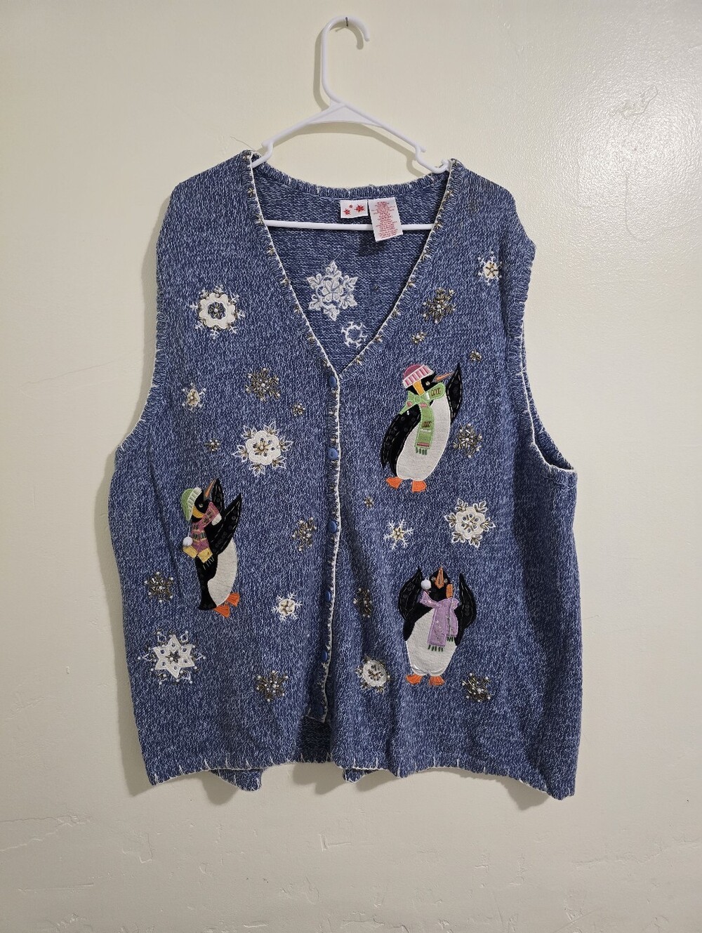 Winter Penguin Button Up Sweater Vest Beaded Embellished Woman’s Sz 4X 26W/28W